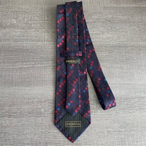 Serica Handmade in Italy Neck Tie 100% Silk Red Blue Dot Emboss Retro Pattern - Picture 5 of 7